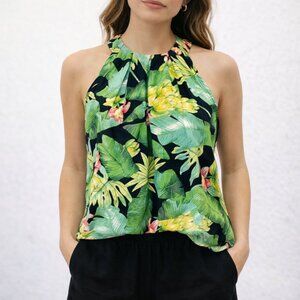 NWT Nicole Miller Tropical Palm Floral Print Halter Top Black Green Size XS NEW